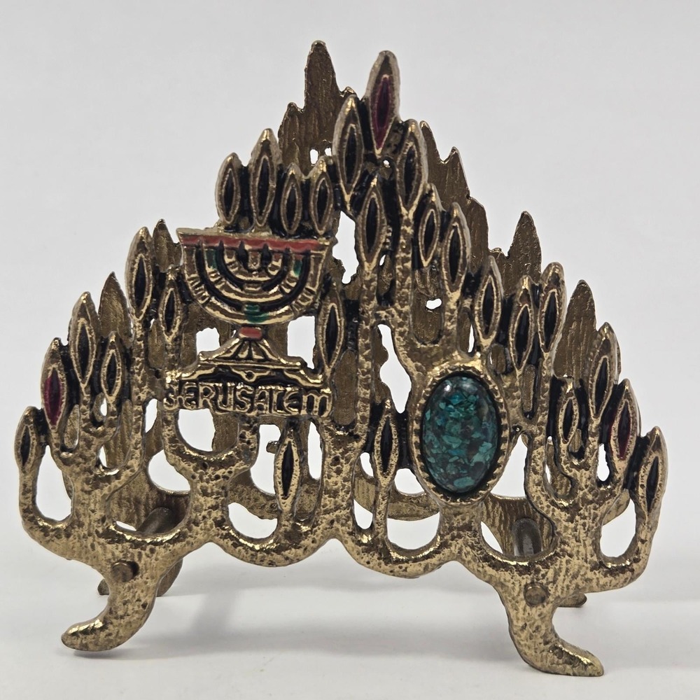 Vintage Brass Jerusalem Napkin Holder Menorah Eilat Stone Enamel Grapes Judaica